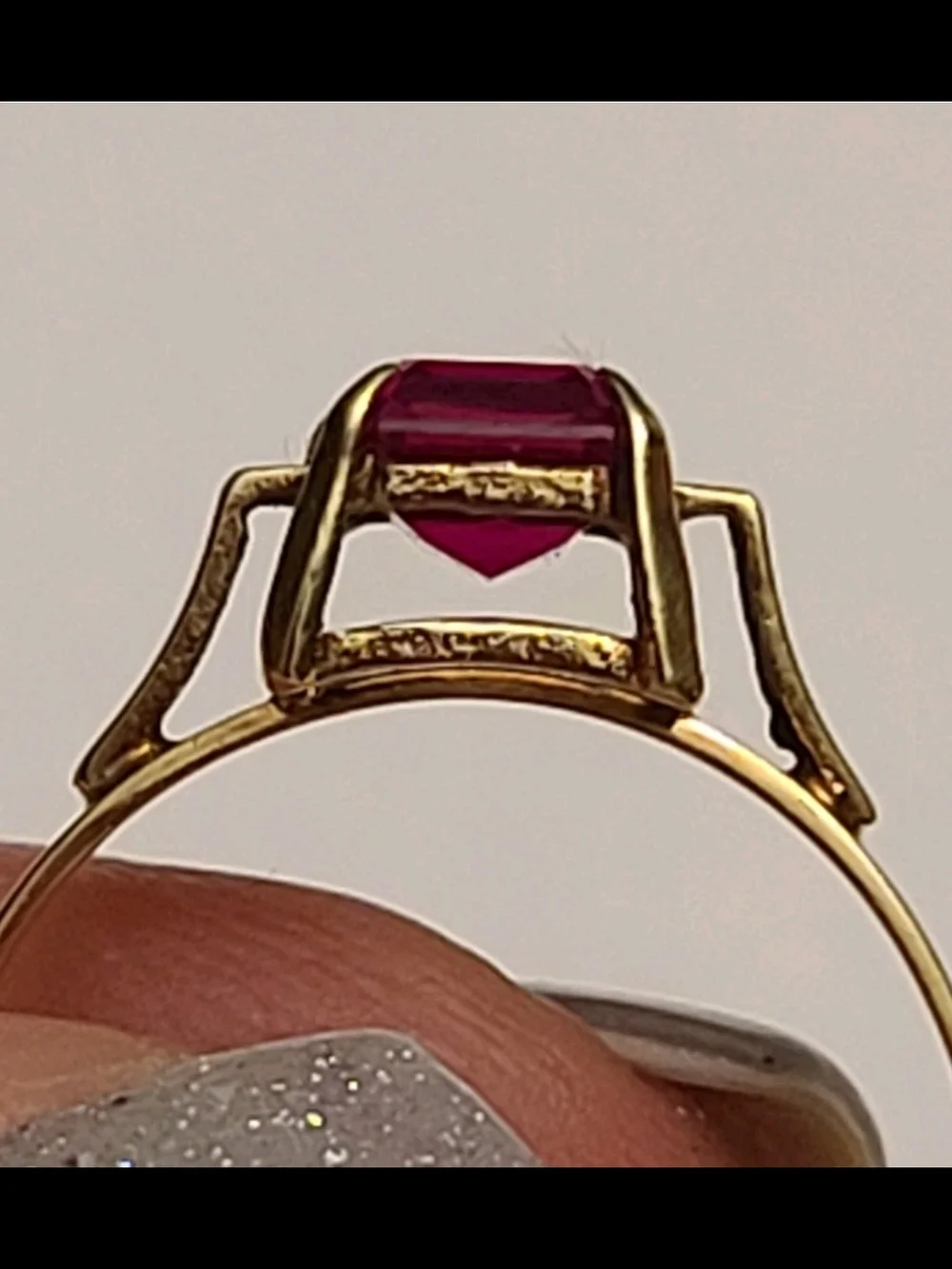 Vintage 9K Yellow Gold Ring With Emerald Cut Ruby Solitaire